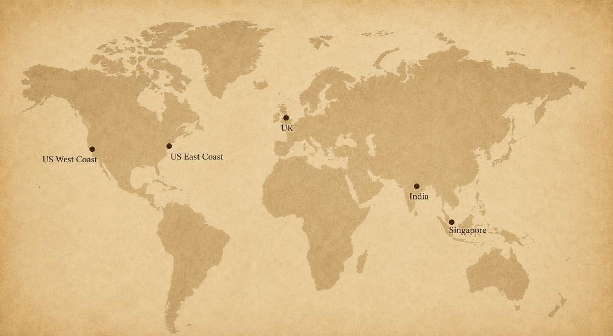 World map marking Santalum Capital Partners' regions of active experience: US West Coast, US East Coast, United Kingdom, India, and Singapore.